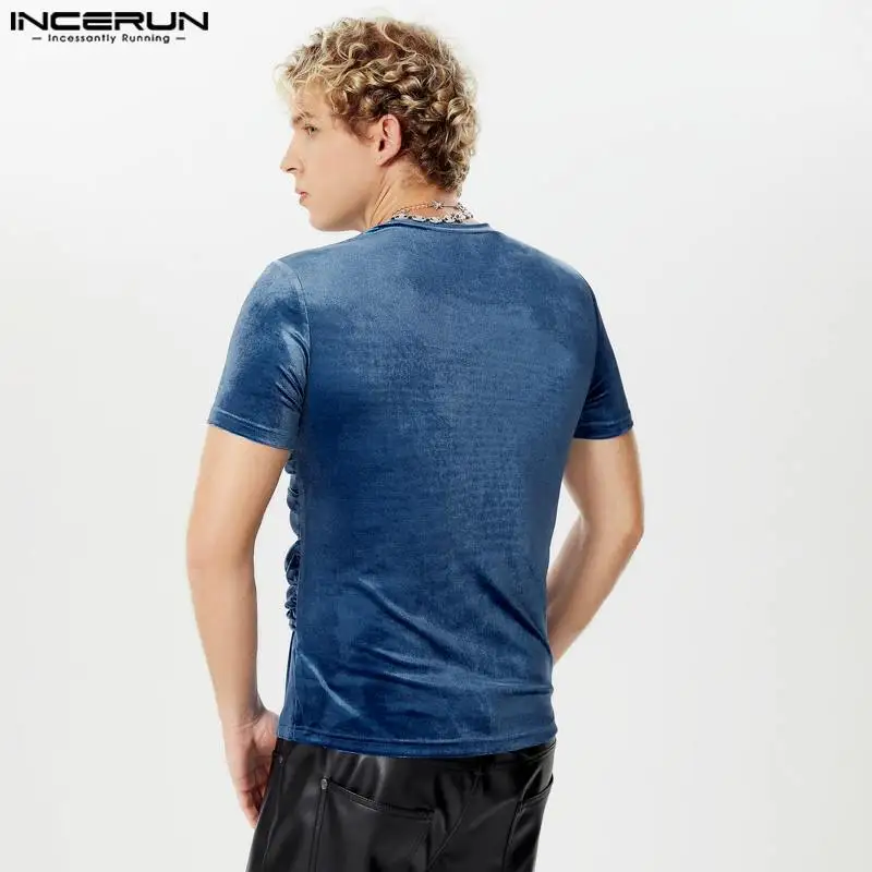 INCERUN Men Irregular T Shirt Solid Color O-neck Short Sleeve Velour Casual Male Tee Tops Streetwear Summer Fashion Men Clothing