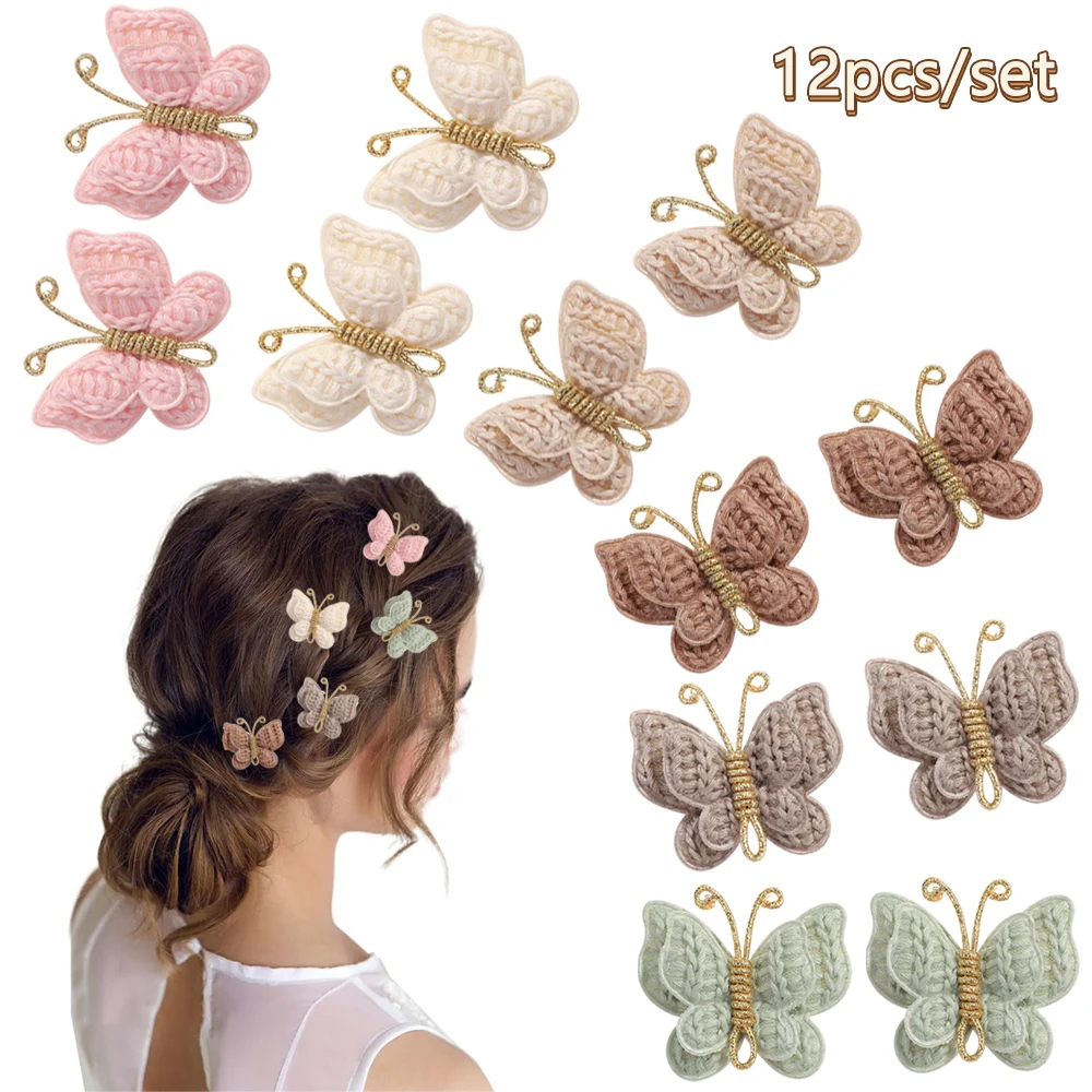 12 Stück Mini-Schmetterlings-Strickhäkel-Haarspangen für Babys, handgefertigte Kopfbedeckung, Wolle, geflochtene Haarnadeln, Haar-Accessoires