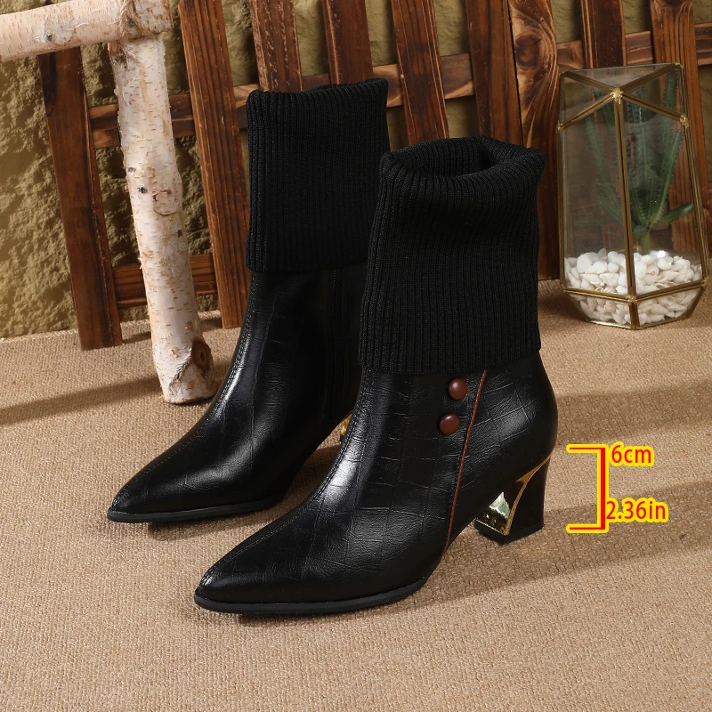 Botas tipo calcetín de tacón alto de punto para mujer, estilo británico, versátiles, ajustadas, con punta en pico, tacón grueso hasta la rodilla, invierno 2025