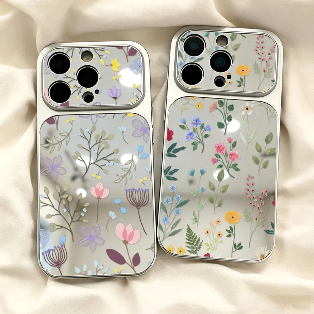 Cute Floral Phone Case For iPhone 17 15 16 14 13 11 12 18 Pro Max Make Up Mirror Large Window Soft Shockproof Back Cover Capinha