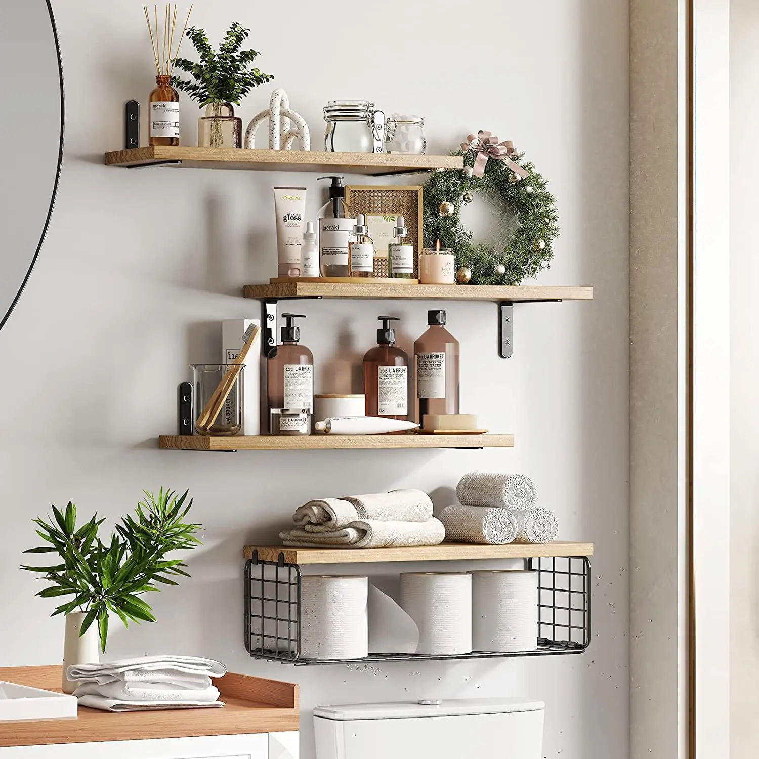 Wooden Floating Wall Shelves Set Bathroom Storage Three Or Four Piece Nordic Style Baskets Toiletries Kitchen Bedroom Living