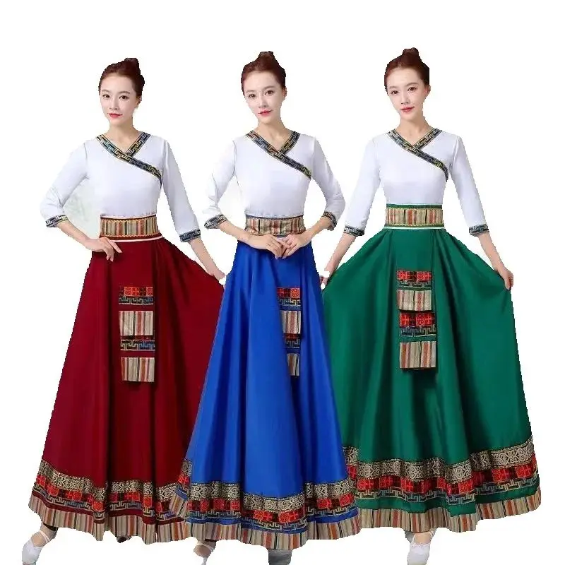 

Chinese Folk Dance For Woman TraditionalCosplay Festival Tibetan Stage Dance Performance Costume Ethnic Oriental Tops Long Skirt