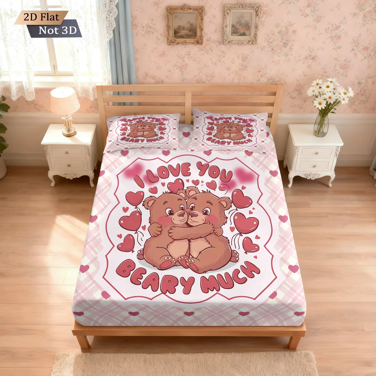 

3pcs Valentine's Day Pink Bear Print Coreless Bed Sheet Set Multi Size Soft Bedcover Bedroom Bedding Decoration Machine Washable