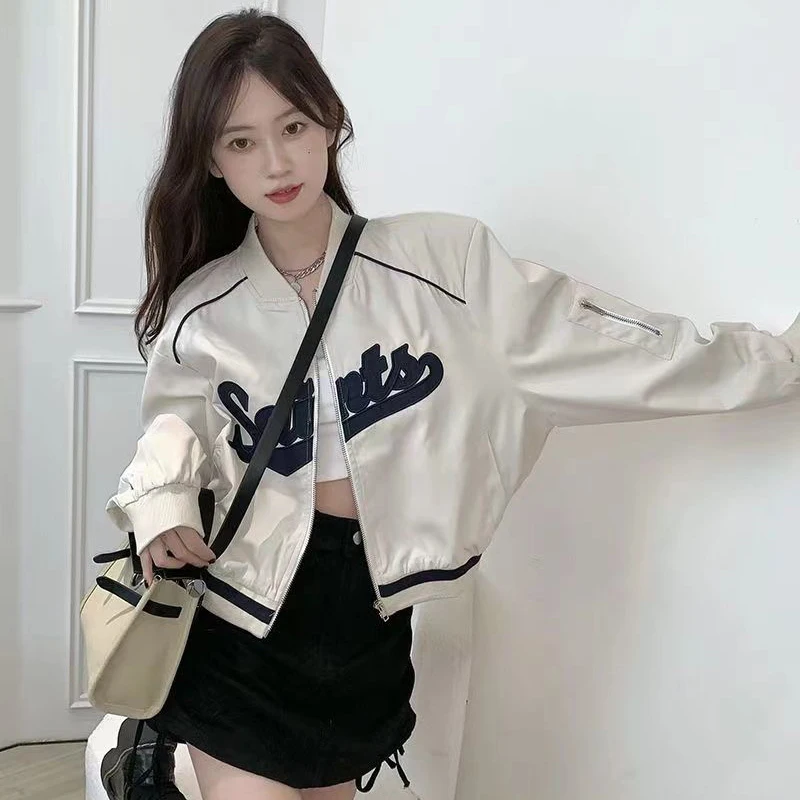 Gidyq Letter Embroidery Baseball Jacket Women Fashion All Match Cropped Outerwear Harajuku Zipper Female Streetwear Thin Coat