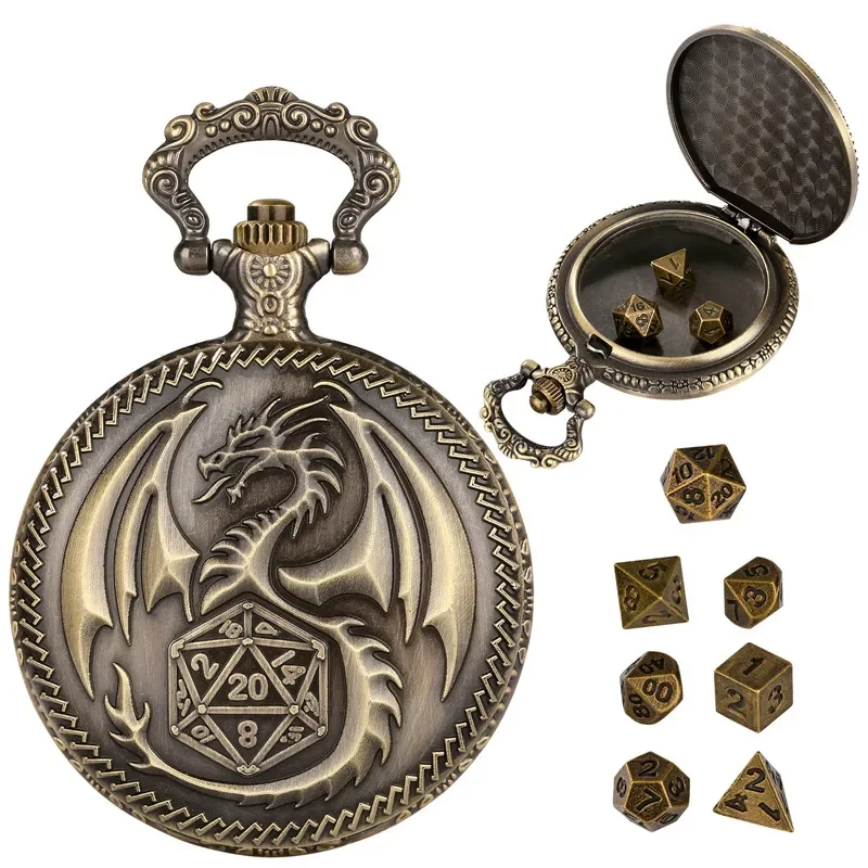 Polyhedral Dice Pendant, Dragon Pocket Watch Style Case with Chain, RPG Dice for D&D, Entertainment Role-Playing Game Accessory