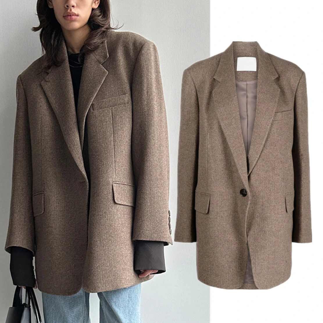 Maxdutti 2024 SS New Blazers Women Nordic Minimalist Style Loose Jacket High Quality Wool Vintage Blazers Ladies