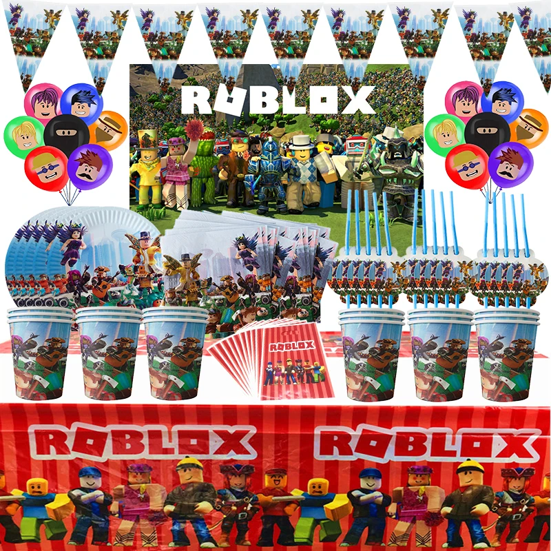 Roblox 생일 장식 식기 세트, 종이 접시 컵 빨대, Roblox 게임 파티 용품, 라텍스 풍선, 베이비 샤워 장식