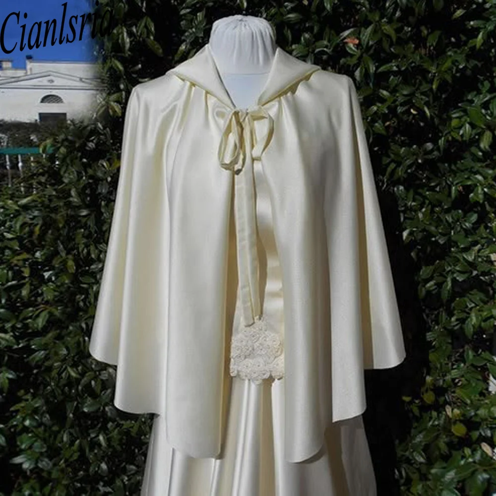 Satin Bridal Cape With Hood Customized Capulet Style Romantic Scalloped Eyelash Wedding Bride Ivory Hooded Clock With Hat