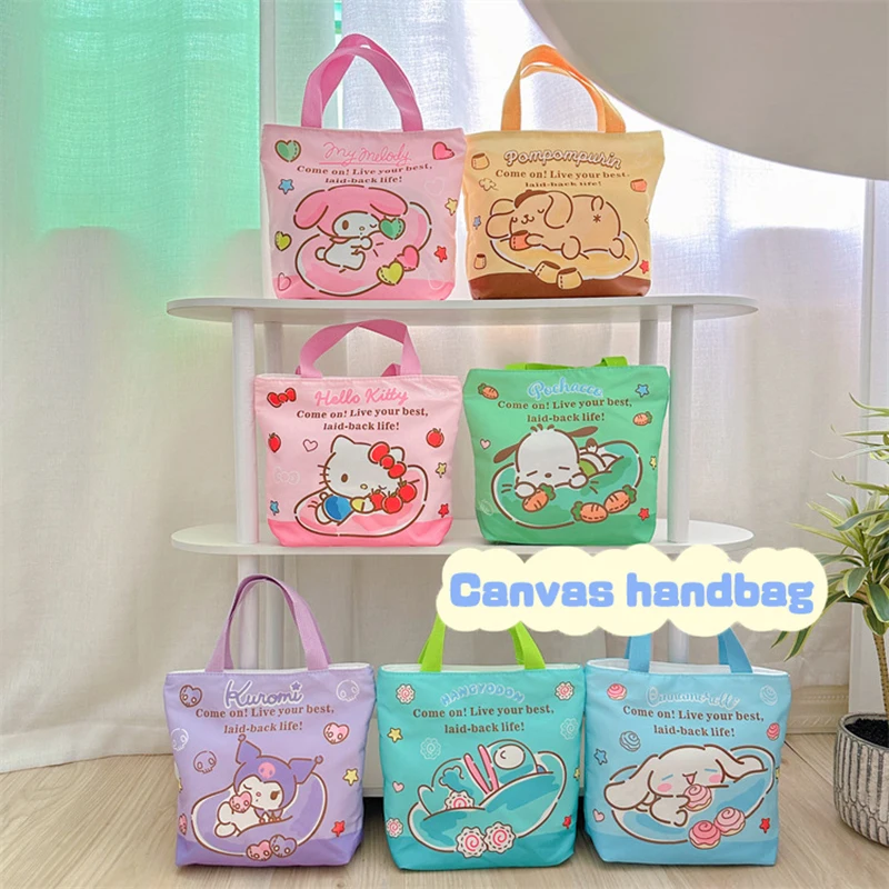 Nieuwe Kawaii Hello Kitty Sanrio Lunchbox Tas Student Grote Capaciteit Cartoon Kuromi My Melody Cinnamoroll Hangyodon Canvas Handtas