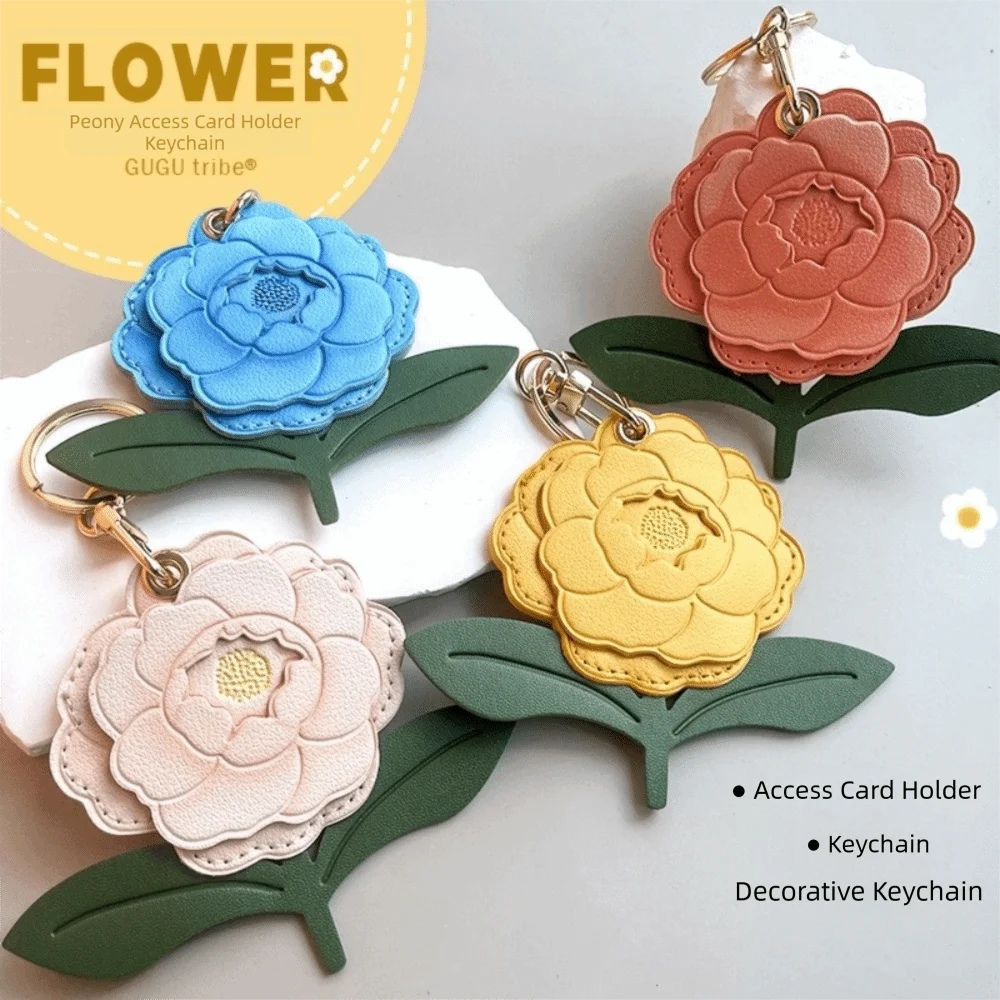 PU Keychain Card Holder Protective Peony Flower Access Card Holder Keychain Peach Blossom Anti-Scratch