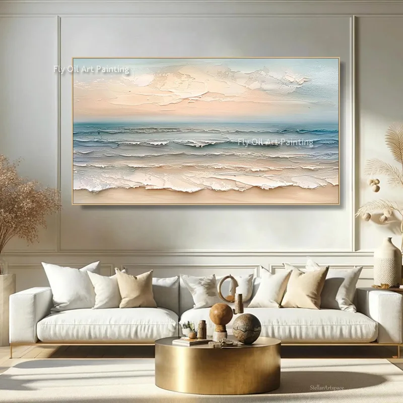 Modern Wall Art Sea Artwork  Large Blue Seawave Knife Thick Oil Painting Handmade Blue Sea Scape Canvas Painting For Decor