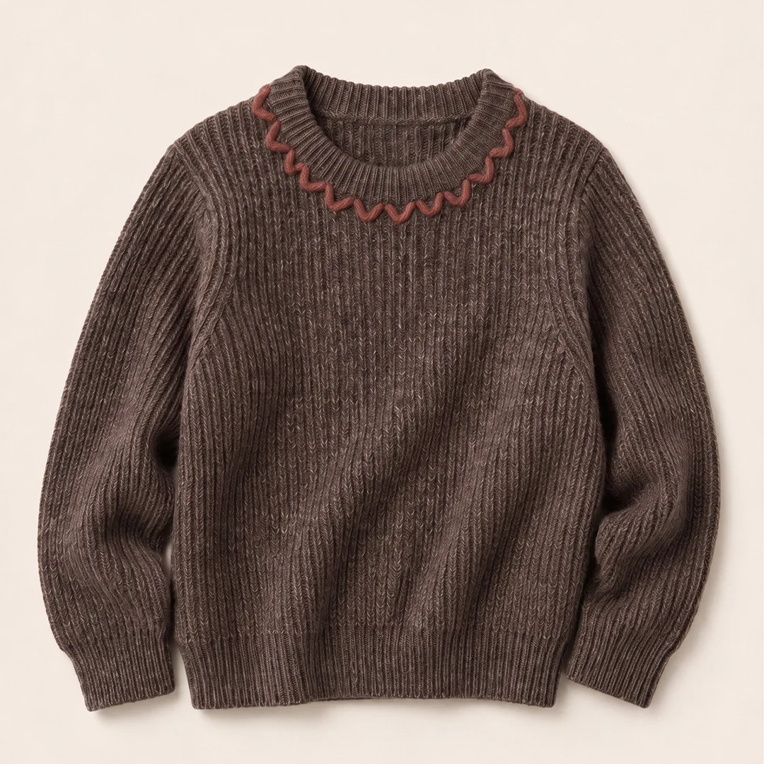 Girls Colorblock Ribbed Sweater – Scalloped Ruffle Trim Crew Neck, Textured Long Sleeve Knit Pullover for Autumn Winter