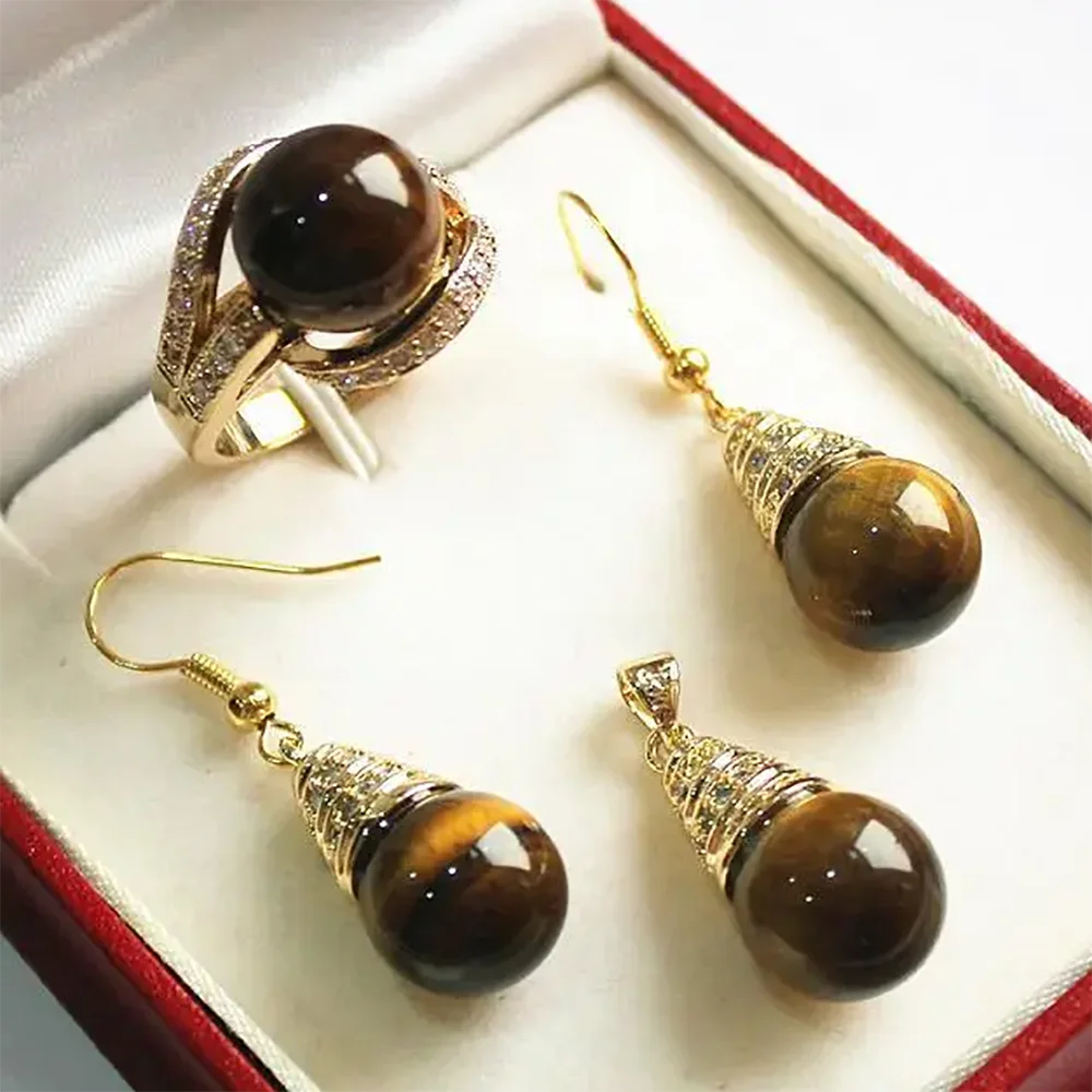 new - noble new jewelry 18KGP + 12mm tiger eye stone pendant, earring, , ring set