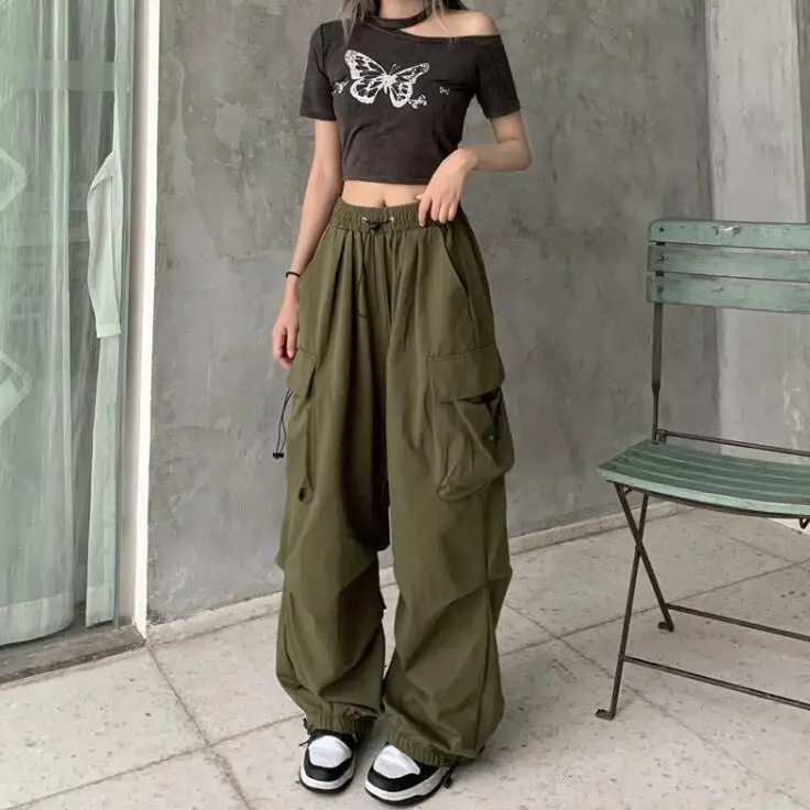 Solid Casual Baggy Cargo Pants For Women 2024 Fashion Vintage Women's High Waist Wide Pants Youthful Female Trousers Streetwear