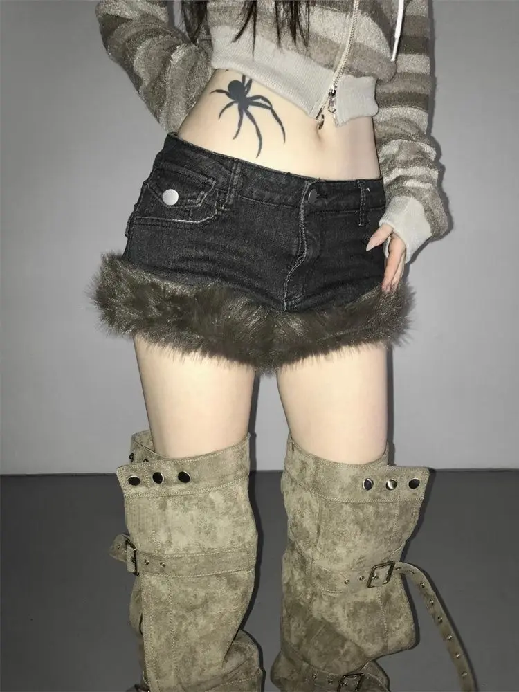 Summer Women's Plush Splicing A-line Sexy Denim Shorts Y2k Cool Girl Wide Leg Hot Pants Female Fashion Mini Trousers