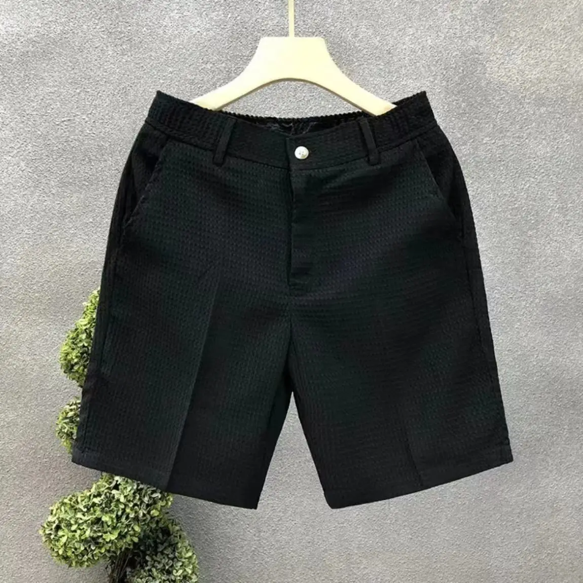 Herren-Shorts mit Karomuster, einfarbig, gerade geschnitten, Business- und Freizeithose, elastischer Bund, Knopfverschluss, locker geschnitten, knielang, lässige Kurzhose – Detail 9