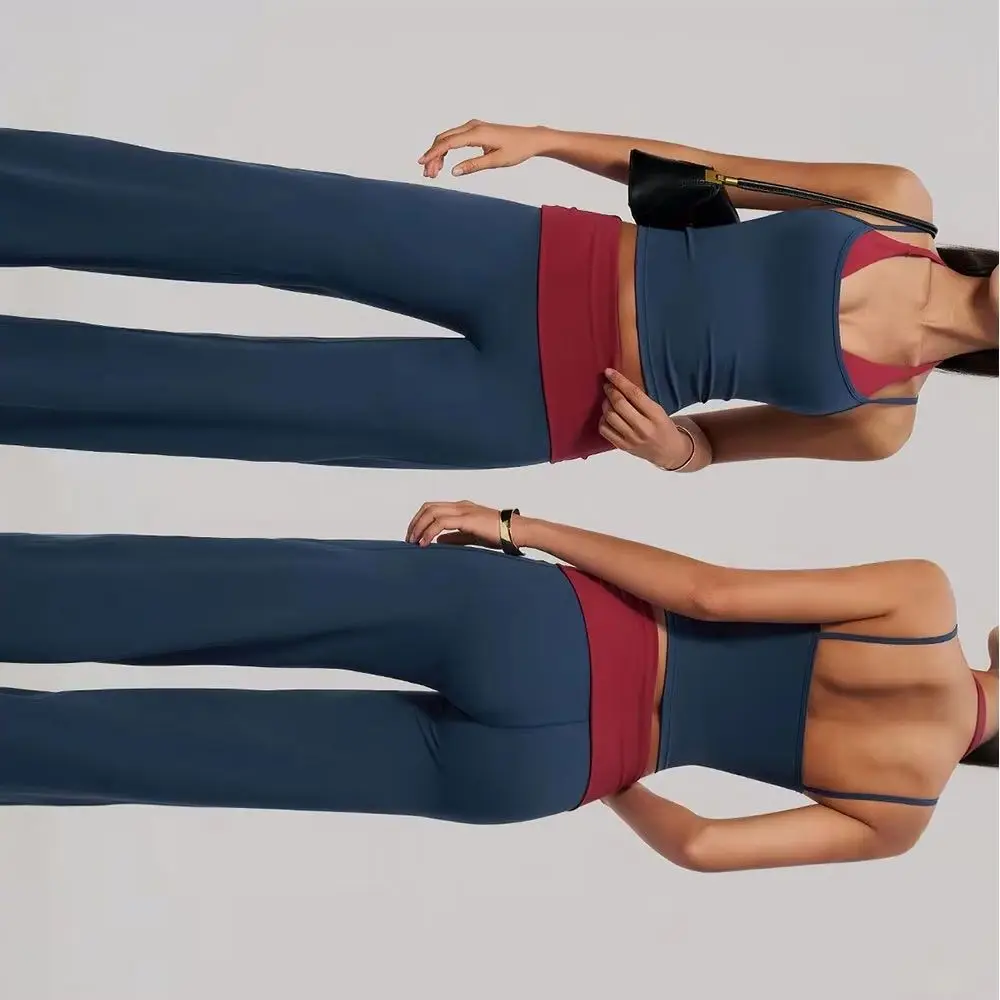 2PCS Gym Yoga Set Yoga Clothes Neck Hanging Straps Fake Two-piece Contrasting Sports Quick Drying Fitness Clothes For Women