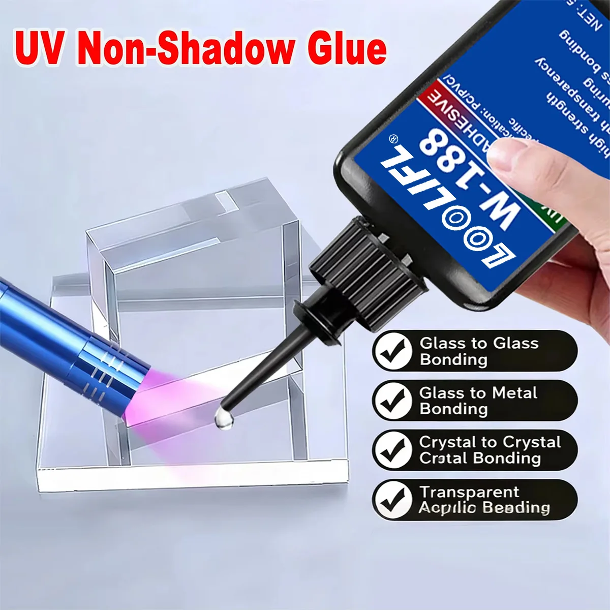 LOOLIFL W-188 UV-Schattenloser Klebstoff UV-Lichthärtender Klebstoff Hochtransparente Spurenlose Verbindung für Glas zu Glas, Glas-Metall-Kristall – Detail 3