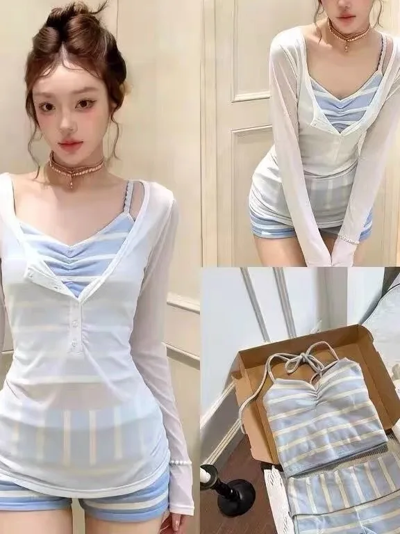 

Alice High-End Stripe Long Sleeve Bikini Cover up Thermal Spring Break Vacation Two-Piece Swimsuit Slimming Tummy Control