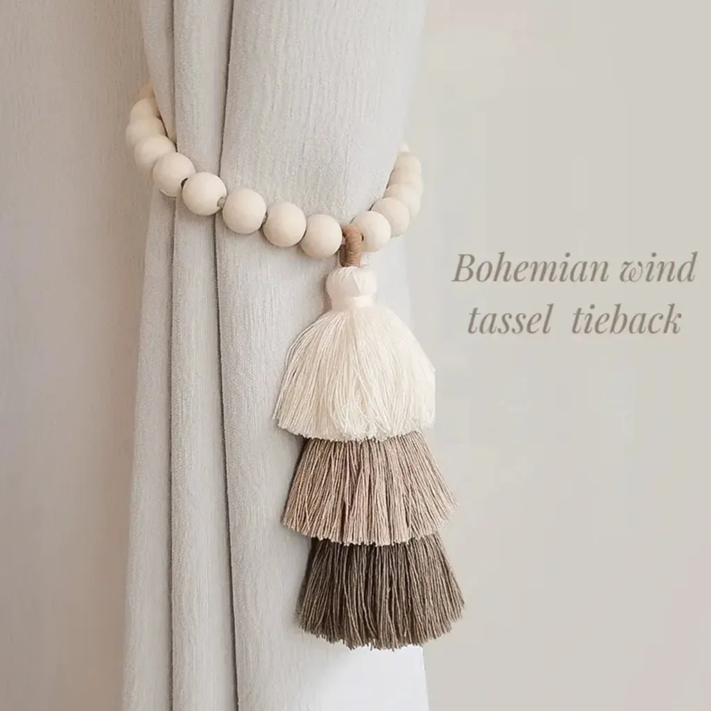 Cartoon Rainbow Wooden Bead Curtain Tieback, Luxury French Handmade Sheer Curtain Tie Rope Buckle