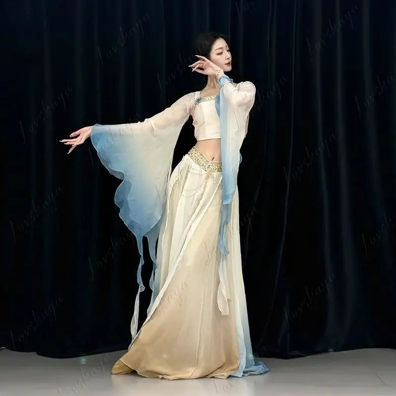 고전 무용 의상 우아한 요정풍 큰 치마 고대 스타일 공연 의상 이국적인 둔황 스타일 싱글 탑 엘라스테인