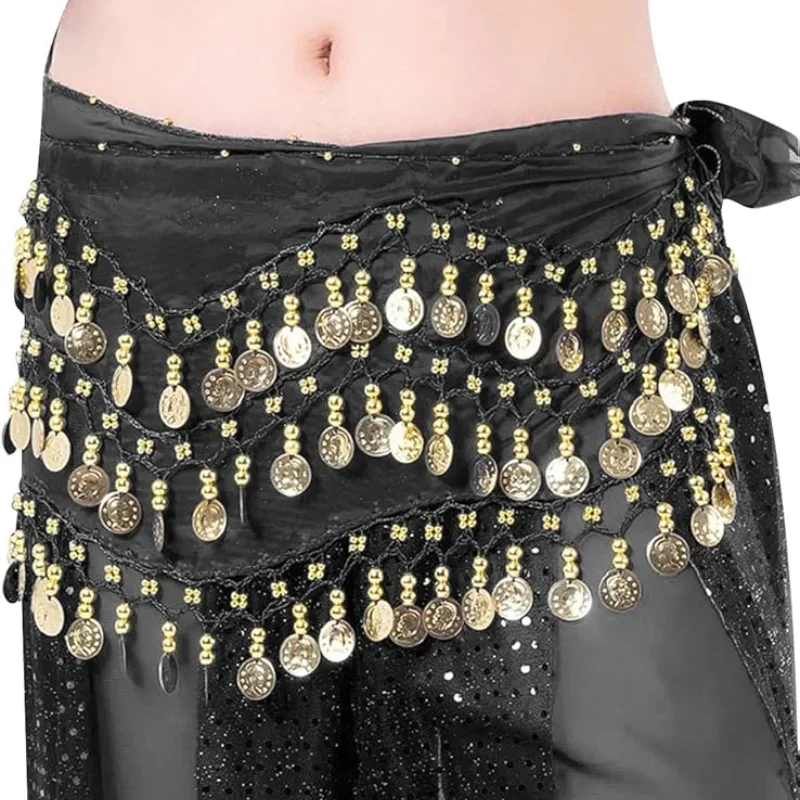 Buikdans Riemen 3 Rij Riem Gold Tone Munten Riem Vrouwen 140 Cm Pailletten Kwasten Chiffon Hippe Sjaal Accessoires Voor buikdans Riemen