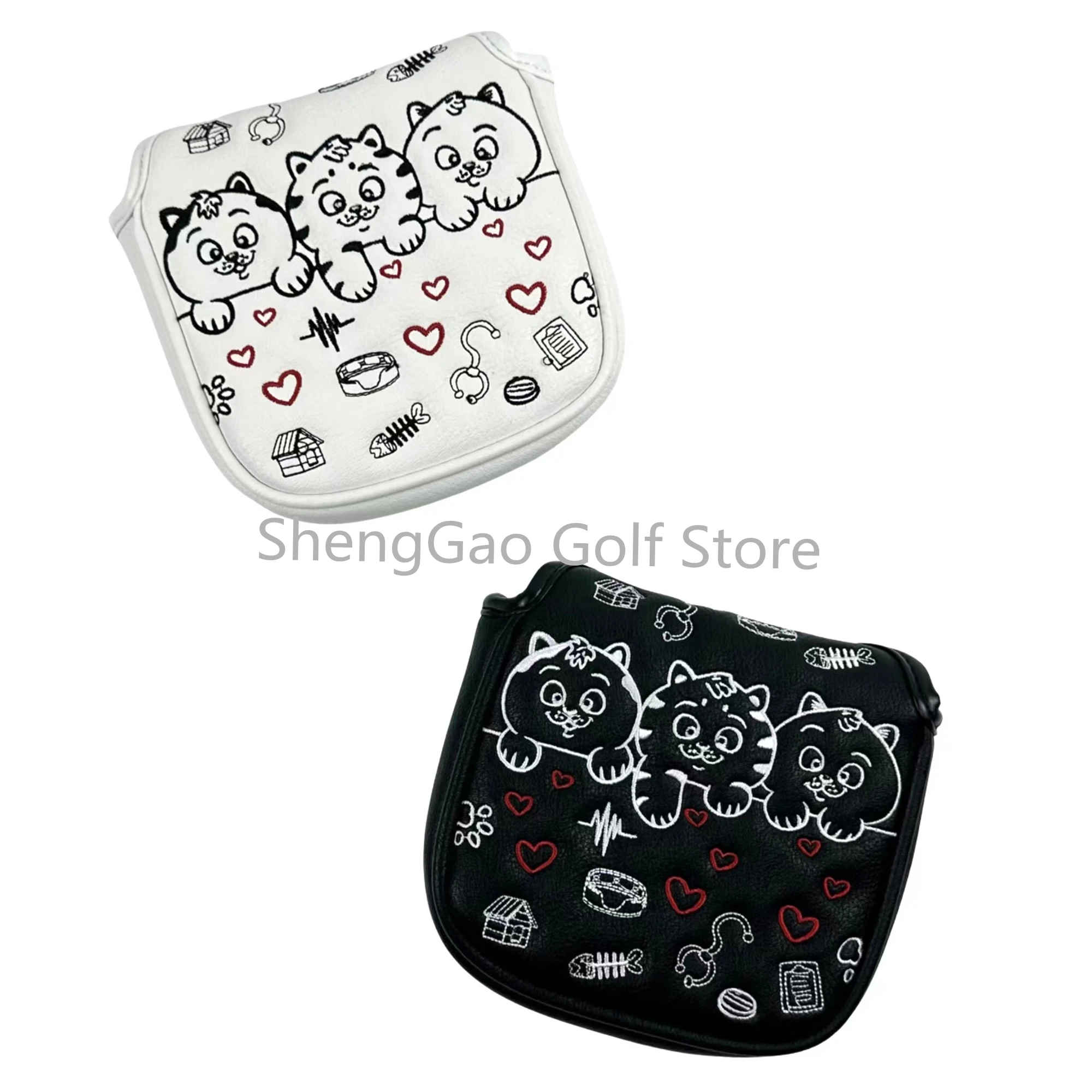 1pc Three kittens love Pattern Golf Putter Cover PU Leather Large Mallet Golf Head Cover Magnetic Closure Golf Headcover