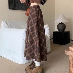 England Vintage Plaid Midi Skirts 2026 Autumn Winter High Waist Elastic Basic Female Clothing A-Line Commute Preppy Style Skirts