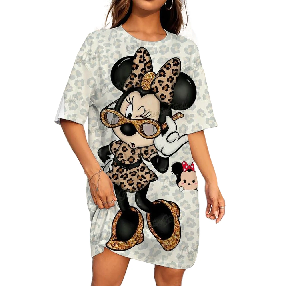 2024 Verão Disney Mickey Mouse Impresso Vestido das Mulheres T-shirt Vestido de Venda Quente Novo Vestido Reto Casual Oversized Vestuário