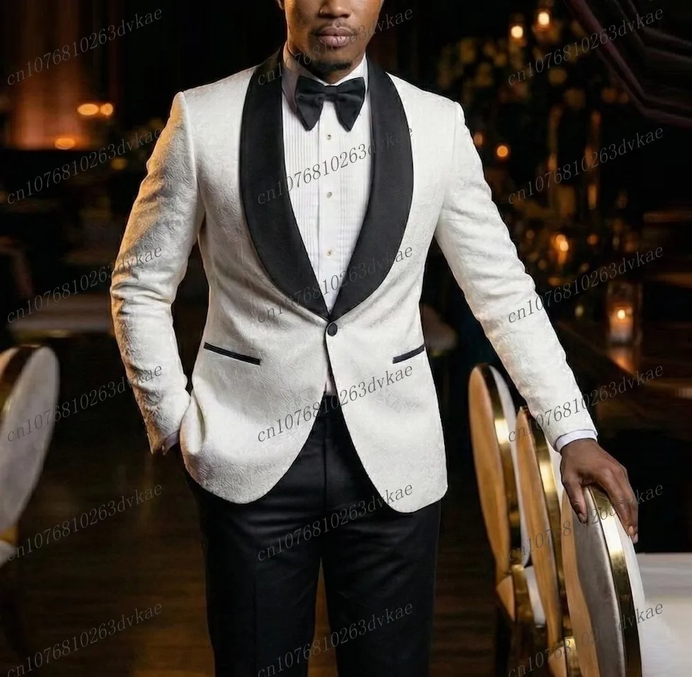 

New White And Black Men Suit Wedding Party Formal Groom Groomsman Prom Business Male Tuxedos 2 Piece Set Jacket Pants