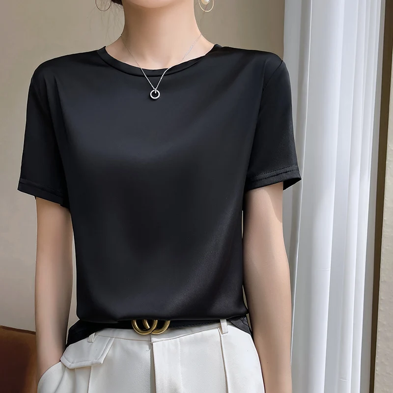 High Quality Satin Summer Short Sleeved T-shirt, Suitable For Loose Nound Necked Mulberry Silk T-Shirts Paired With Suit Tops