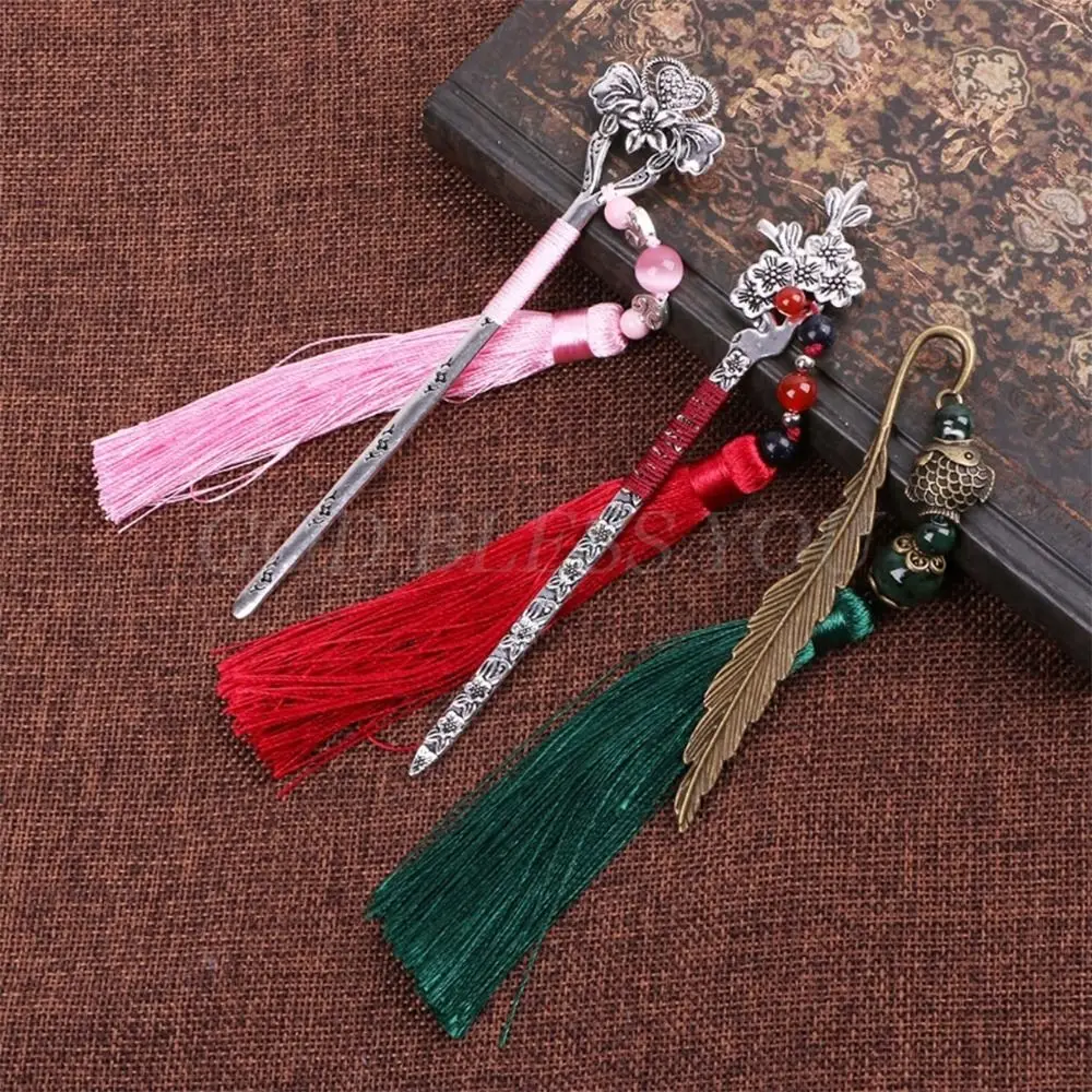 Retro Chinese Style Bookmark Metal Plum Blossom/Phoenix/Fish/Dragon Pagination Mark with Tassel Book Clip Students Gift