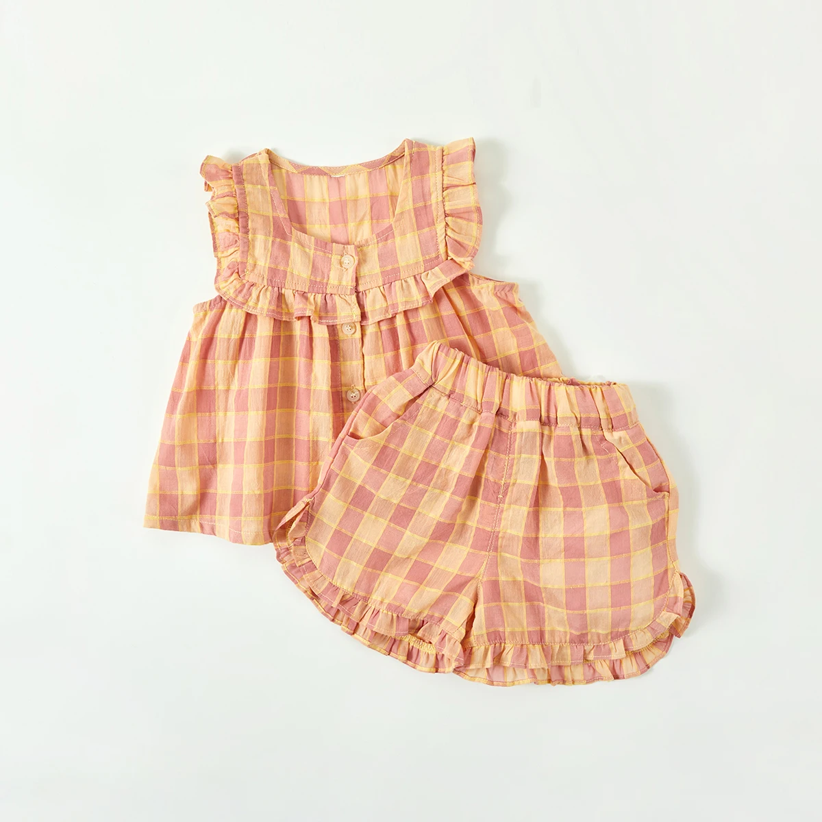 Summer baby set, sweet and stylish plaid sleeveless top, flower bud pants, two-piece set for girls and babies