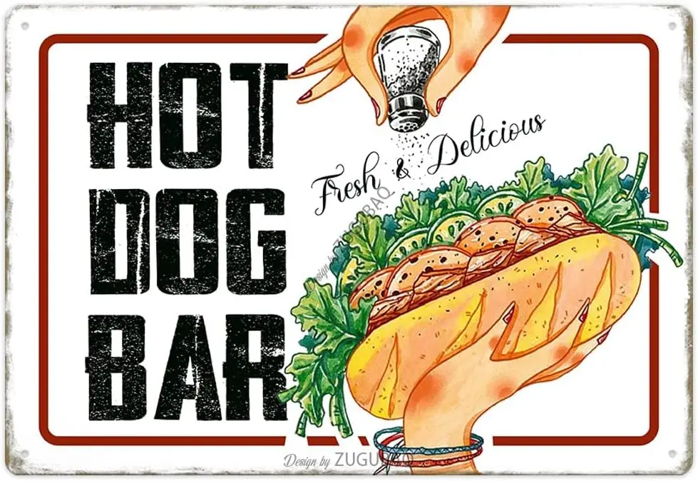 Hot Dog Bar Tin Signs Vintage Metal Sign Funny Food Art Printing Poster Wall Decor for Home Kitchen Bar Restaurant Cafe Pub Indo