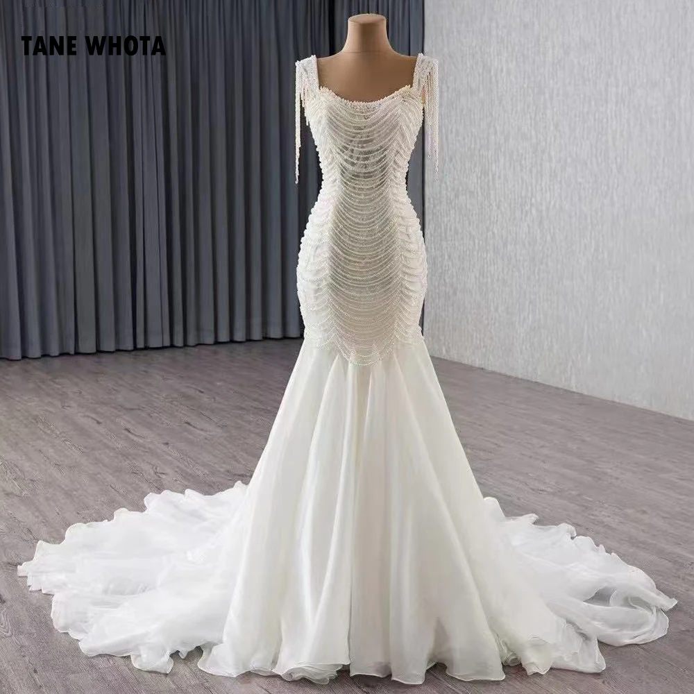 2026 Pearl Wedding Dress Square Collar Sleeveless Lace Up Back Sexy Bridal Dress Customized Mermaid Wedding Dress