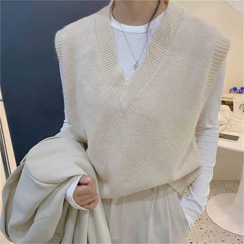 Korean Simple Sleeveless Knitted Sweater Vests Women Casual Solid Loose Outerwear Waistcoat Pullover Tops Jumper Female Clothing