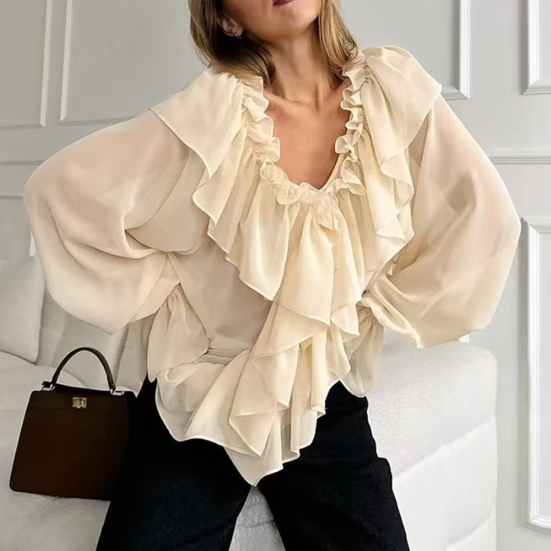 2025 Spring Autumn New Ruffle Loose V-neck Hooded Chiffon Sweater White