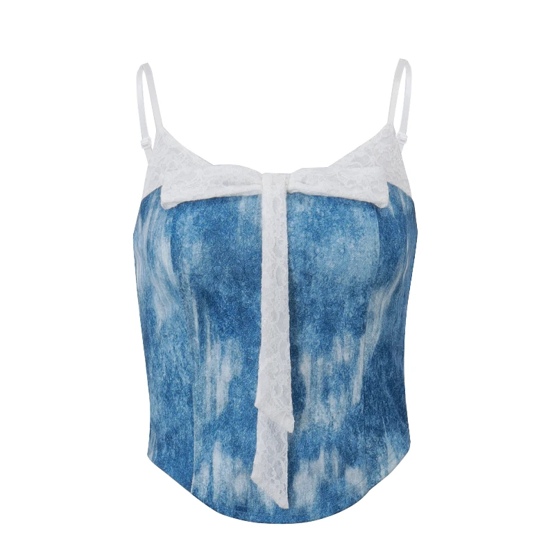 WhereMery Sexy Tie dyed Blue Tank Tops Y2K Fairy Bow Lace Low Cut Halter Crop Tops Women Street Party Clubwear Slim Fit Camis