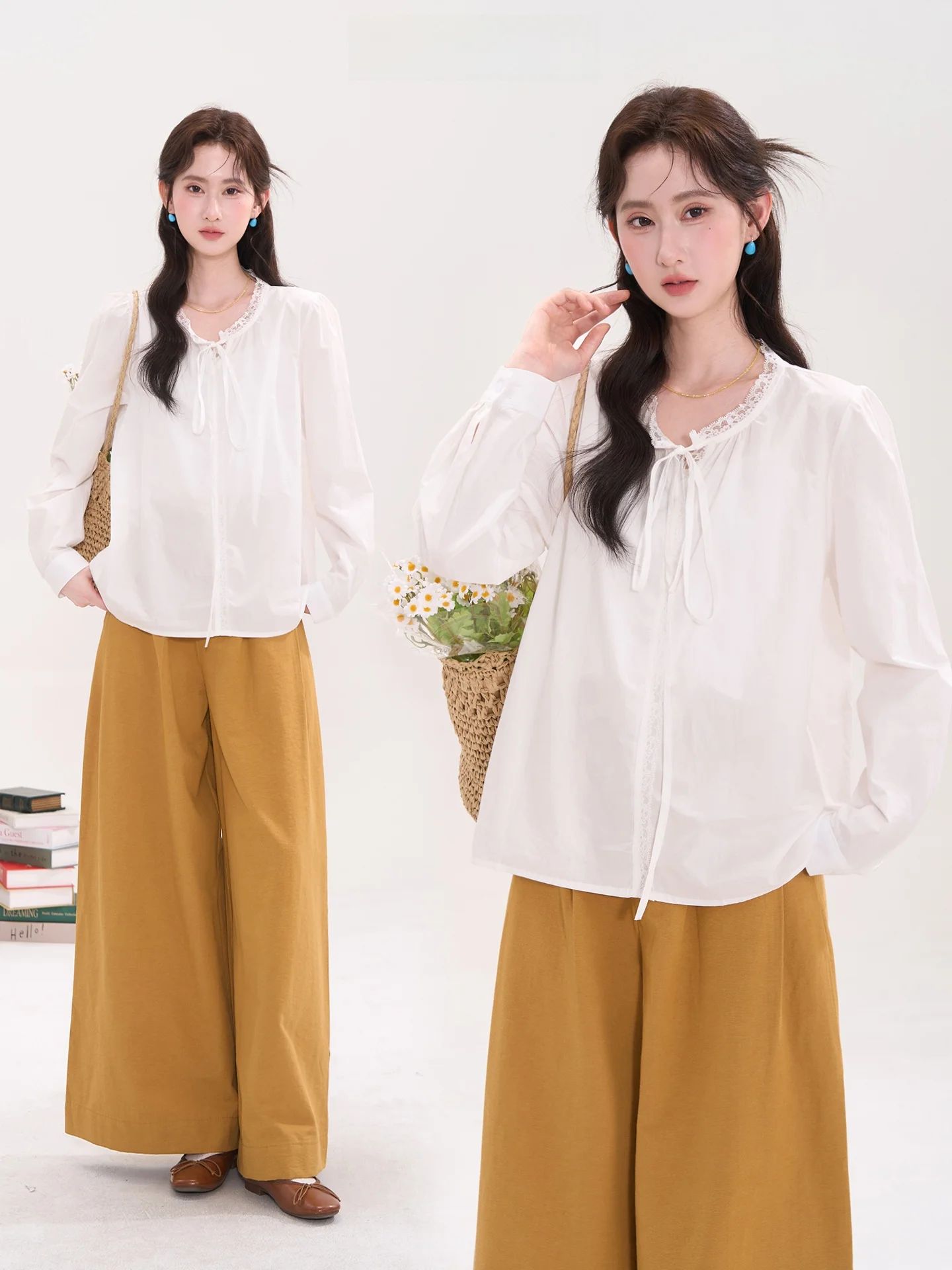

Korean Style Lace Trim Belted Shirt Women's Spring Summer Cotton Princess Style Long Sleeve Pure Cotton Straight Cut Blouse