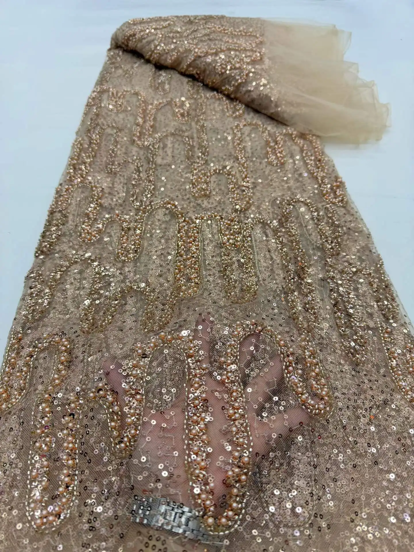 

African Groom Sequin Lace Fabric 2026 High Quality French Tulle Lace Nigerian Beaded Lace Fabric For Woman Party Dress