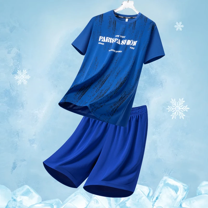 

Ice Silk Sports Men's Sets Summer Casual Quick Dry Letter Print T-Shirt Shorts Two-Piece Suit Set Men Breathable Tracksuit Man