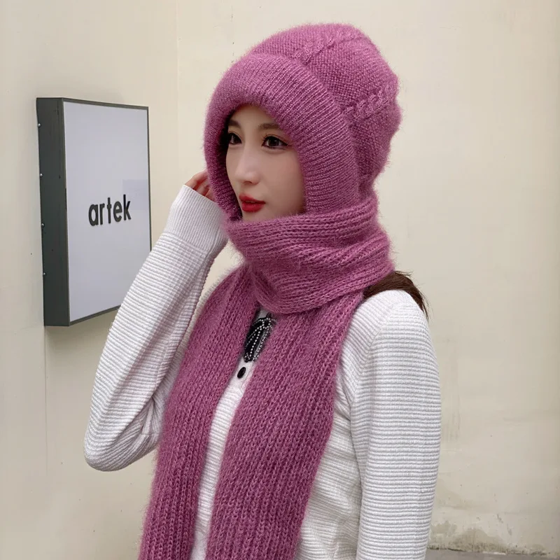 Women casual acrylic knitted hat Warm scarf sets Solid fleece inside thickened  beanie caps Skullies windproof skullcap