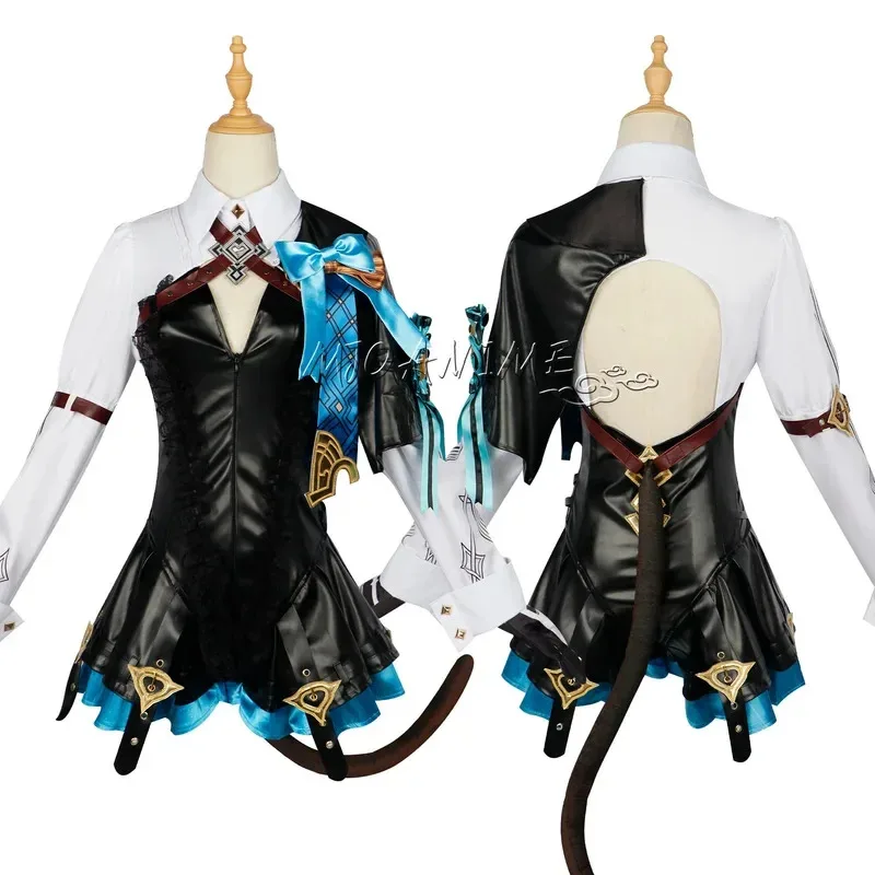 Genshin Impact Lynette Cosplay Costume Wig Fontaine Lyney Leather Uniform Dress Long Hair Ears Skirt Glove Outfit Tail Magician