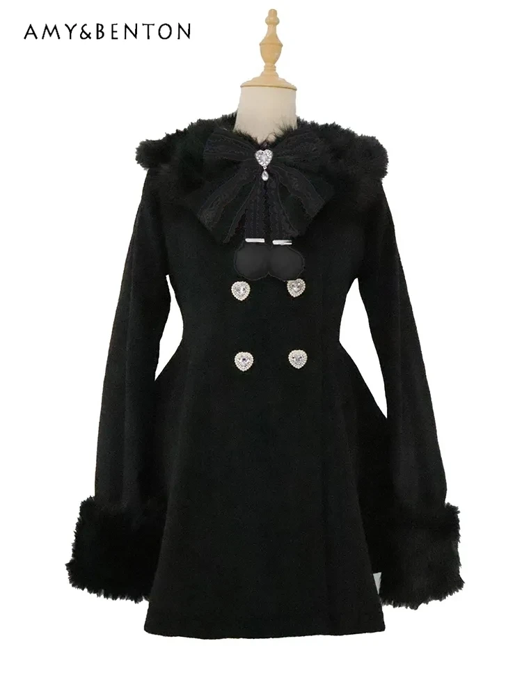 النمط الياباني الحلو القوس معطف الصوف الأسود للنساء الخريف الشتاء جديد انفصال الفراء طوق مزدوجة الصدر ضئيلة سترة صوفية