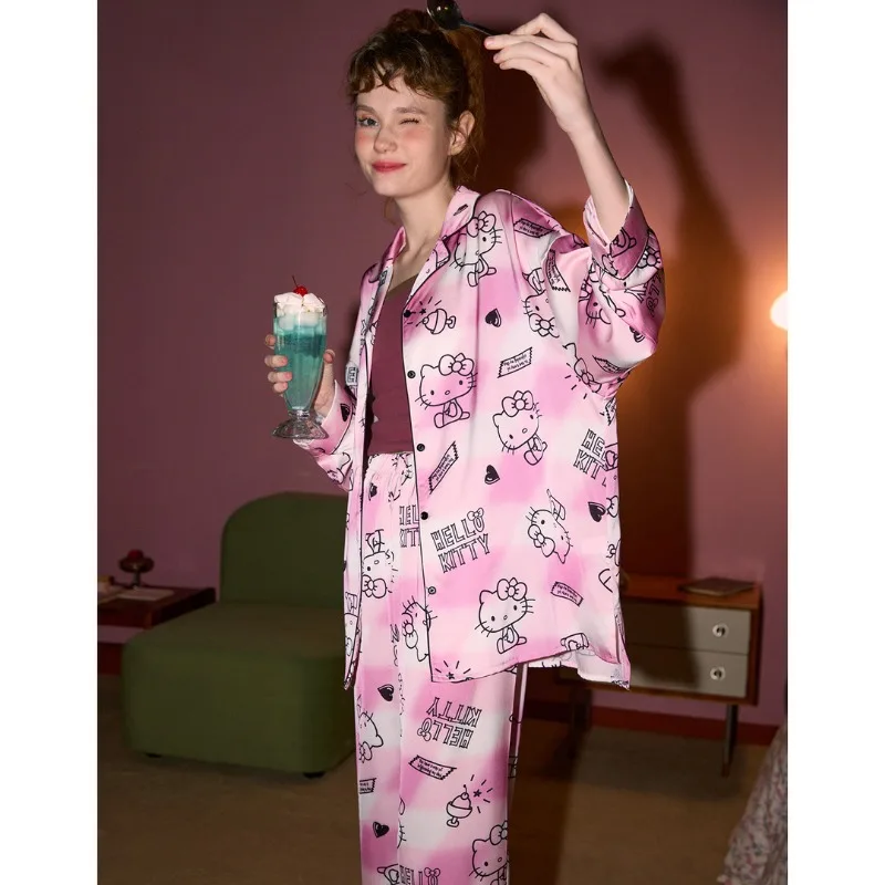 Hello Kitty Pajama Women Kawaii Set Spring and Autumn Long Sleeved Pants Set Cute Cartoon KT Cat Home Clothes Women Accessories