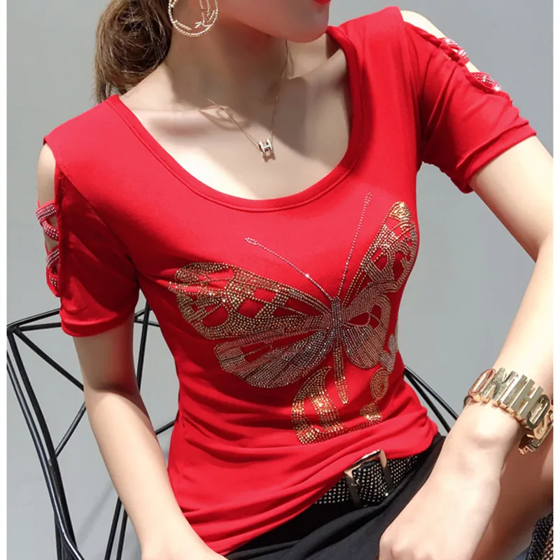 Fashion Gold Butterfly Diamonds Women Backless T-Shirt Sexy Stretch Spliced Gauze Offf Shoulder T Shirt Top Girl Streetwear Tees