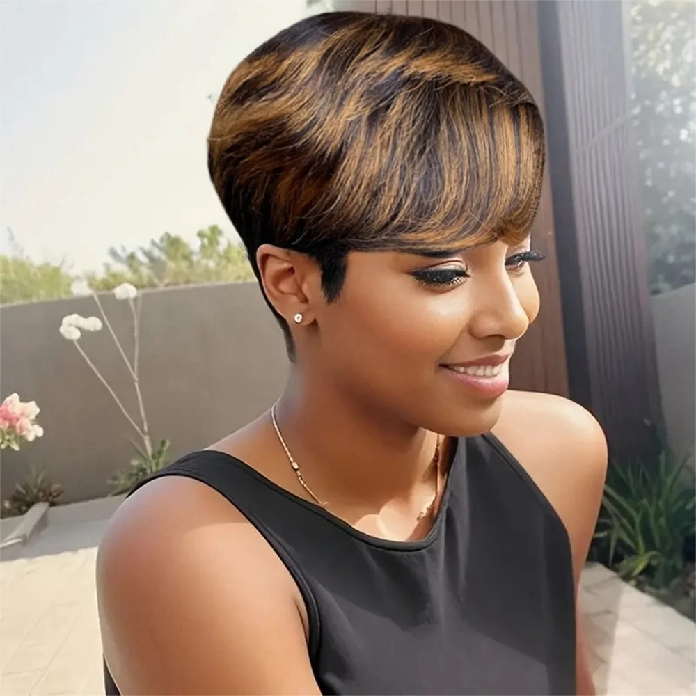 Short Pixie cut Wig for Women Human Hair Layered Design with Bangs Straight Style 6 Inch Full Machine Made Wig image 3