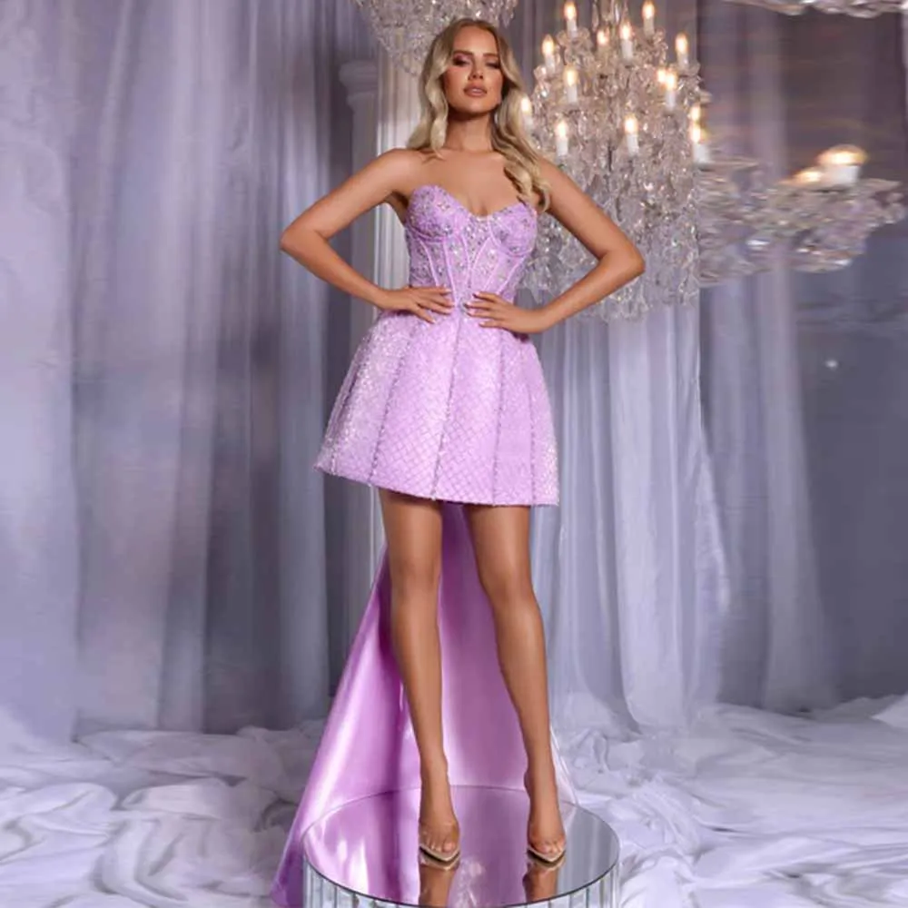 

Luxury Cocktail Dresses 2025 Satin A-line Celebrity Dress Lavender Sweetheart Lace Draped Bow Lace-up Birthday Party Dress Mini