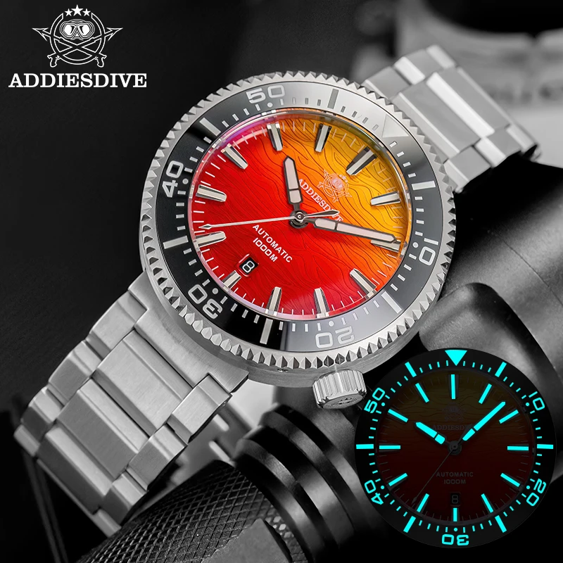 

ADDIESDIVE Высококачественные мужские автоматические часы с сапфировым стеклом и градиентом огненного облака, водонепроницаемые часы 1000 м, светящиеся дайверские часы