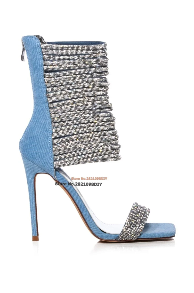 

Embellished Crystal Stiletto Sandals In Blue Denim Open Square Toe Ankle Strap Women Heeled Party Summer Shoes